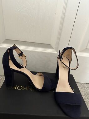 Nine West Navy Suede Ankle-Strap Block Heels